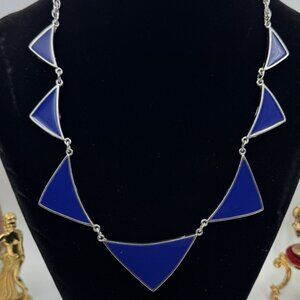 Vintage Express 90’s Silver Tone And Blue Enamel Geometric Necklace Signed